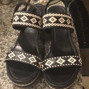 TORY BURCH Black Reena platform embroidered leather wedge sandals 9.5